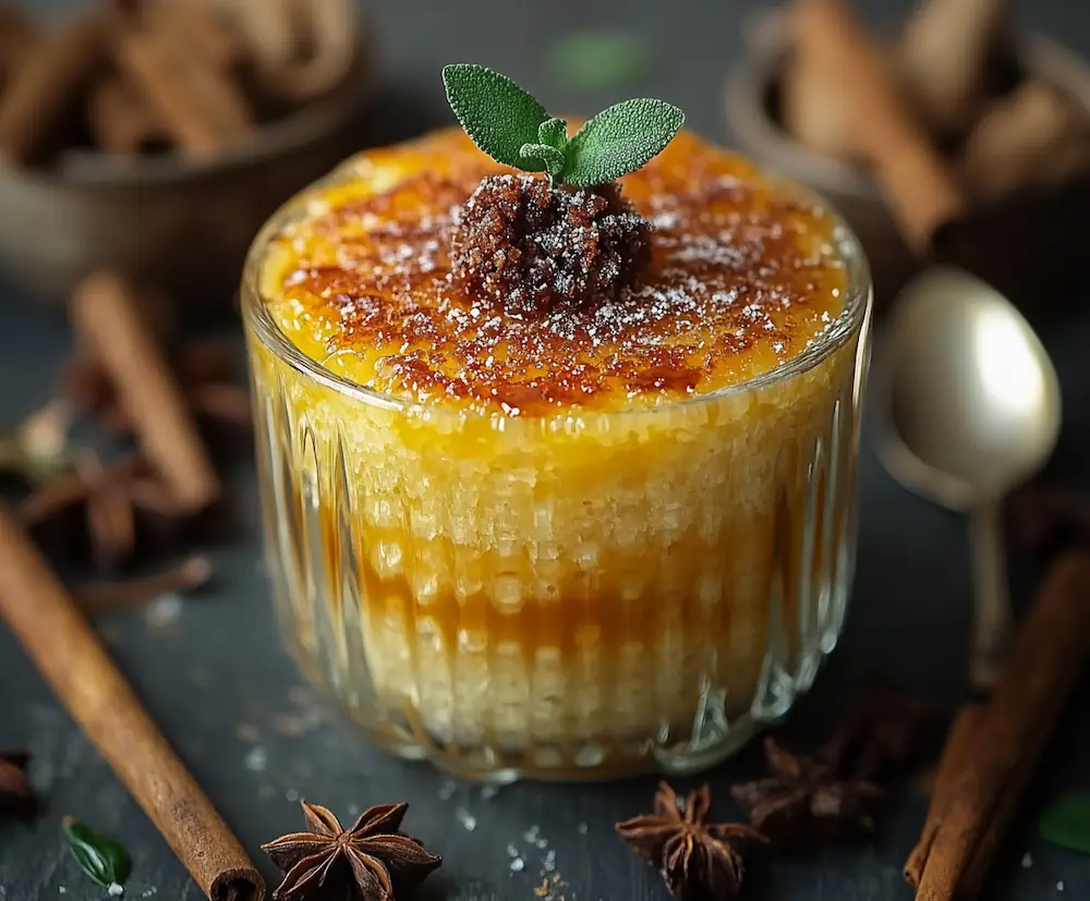 crème brulée with caramel and glass 