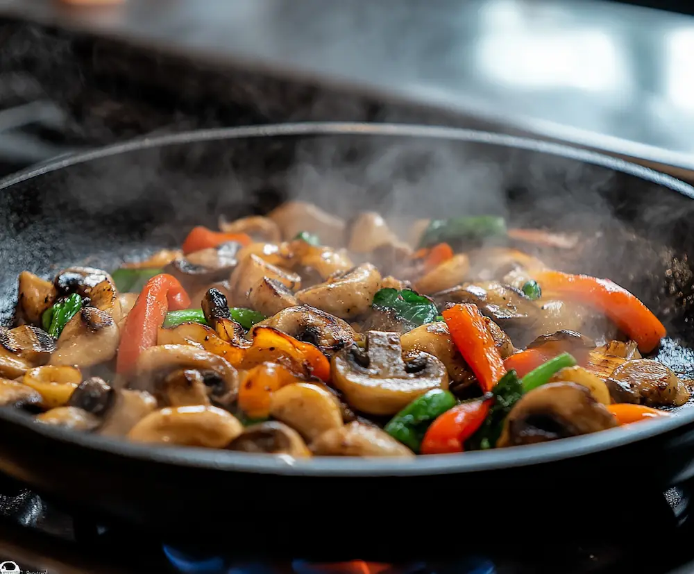 Asian vegetable noodles with smoke and black plate