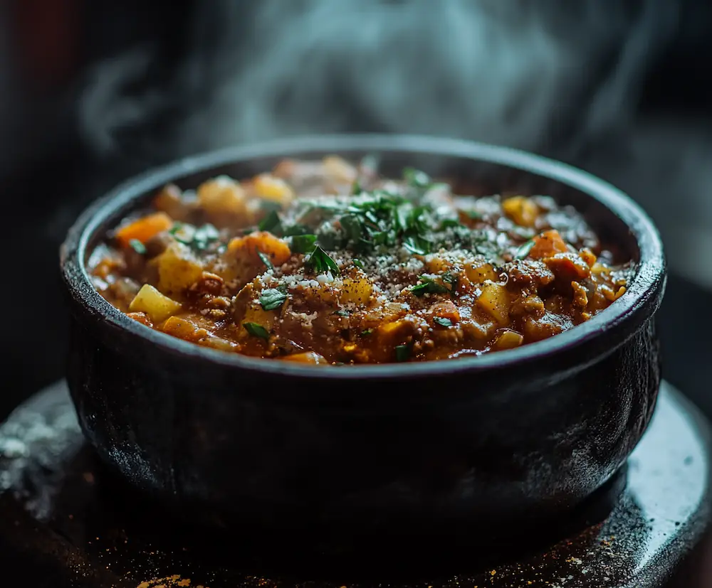 steaming Irish stew in a black bowl